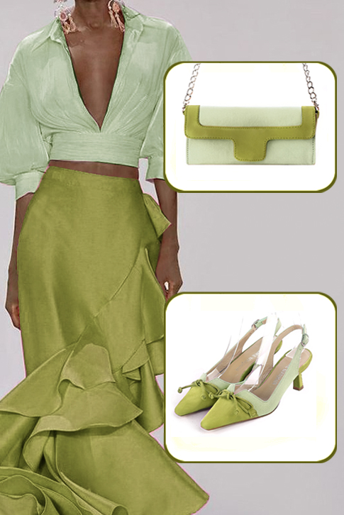 Women's pistachio green and meadow green elegant slingback heels, with a bow on the front. Tapered toe. Medium spool heels - Top view